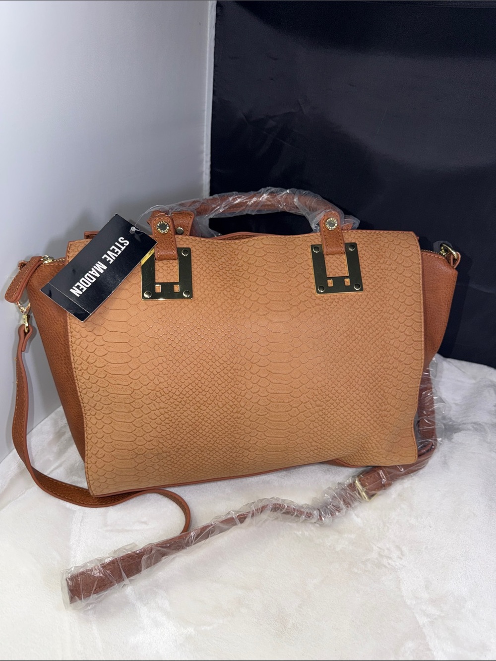 Steve Madden NWT Tan Snakeskin Embossed Satchel Crossbody Handbag